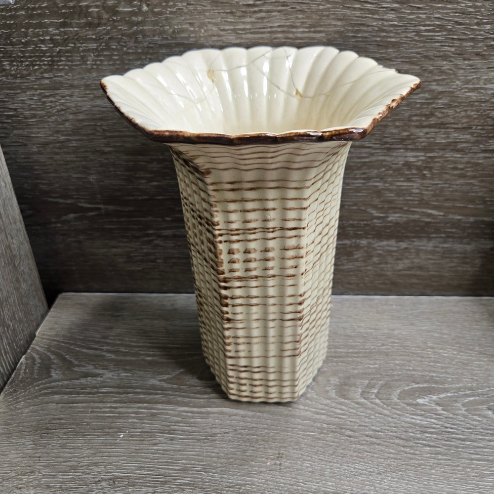 Vintage Mid Century Ceramic Vase Hexagon Fluted Scalloped Rim Brown Drip Glaze 8